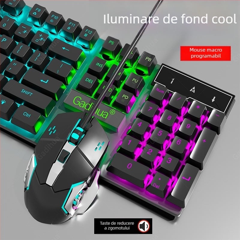 Set tastatură și mouse cu fir - tastatură cu membrană, USB, 98+ taste, ergonomic, iluminare monocromă