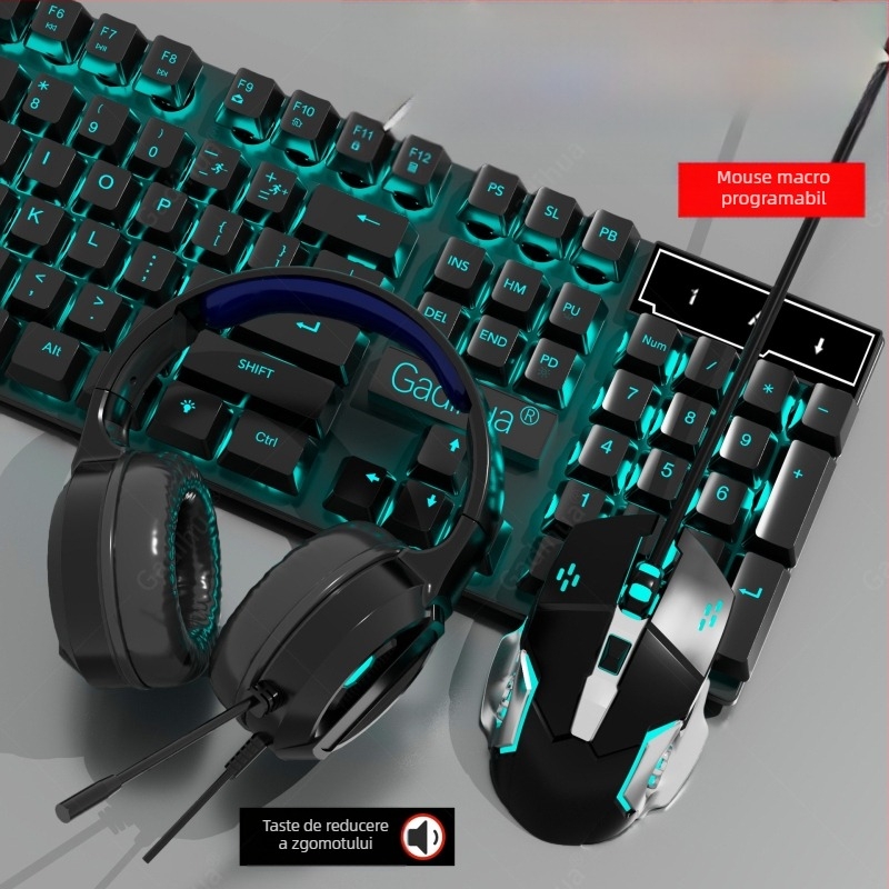 Set tastatură și mouse cu fir - tastatură cu membrană, USB, 98+ taste, ergonomic, iluminare monocromă