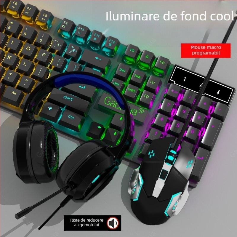 Set tastatură și mouse cu fir - tastatură cu membrană, USB, 98+ taste, ergonomic, iluminare monocromă