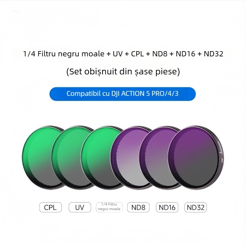 Kit filtre DJI Action 5 Pro/6/4: filtru CPL din sticlă, filtru NDUV, eliberare rapidă magnetică și protecție lentilei din sticlă temperată