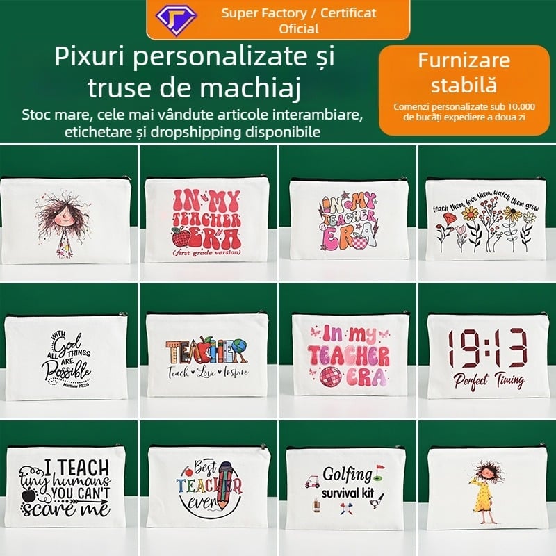 Aochen geantă din pânză pentru pixuri și cosmetică, design DIY cu desene animate, închidere cu fermoar, imprimare prin transfer termic a logo-ului, personalizabilă