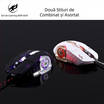 Set Fire Wolf USB tastatură mecanică și mouse pentru jocuri, cablu, macro, 3200 DPI, ergonomic, rezistent la apă, cablu de 1.8 m