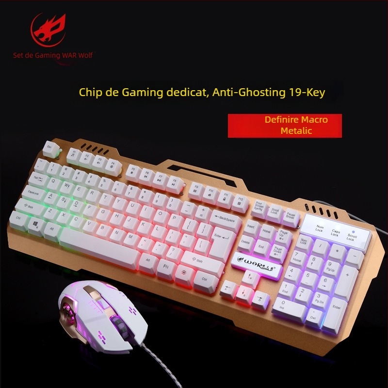 Set Fire Wolf USB tastatură mecanică și mouse pentru jocuri, cablu, macro, 3200 DPI, ergonomic, rezistent la apă, cablu de 1.8 m