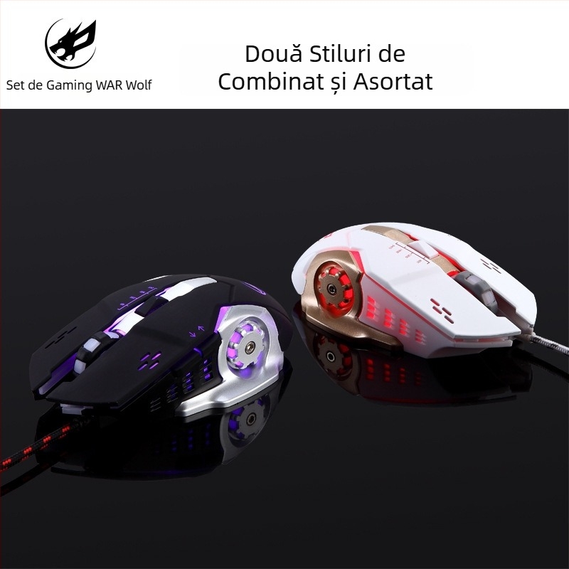 Set Fire Wolf USB tastatură mecanică și mouse pentru jocuri, cablu, macro, 3200 DPI, ergonomic, rezistent la apă, cablu de 1.8 m