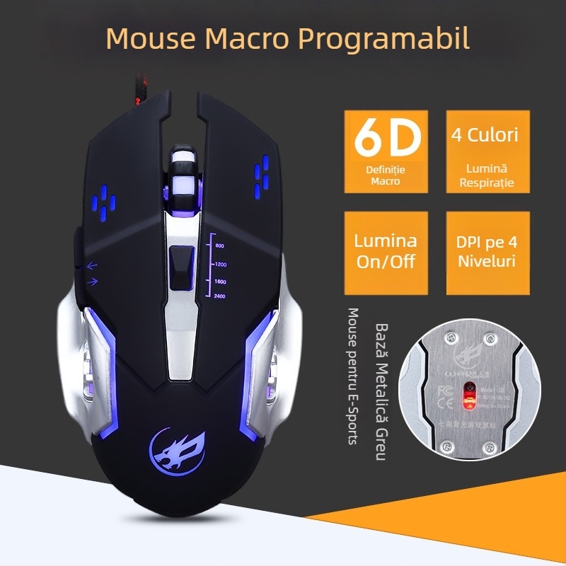 Set Fire Wolf USB tastatură mecanică și mouse pentru jocuri, cablu, macro, 3200 DPI, ergonomic, rezistent la apă, cablu de 1.8 m