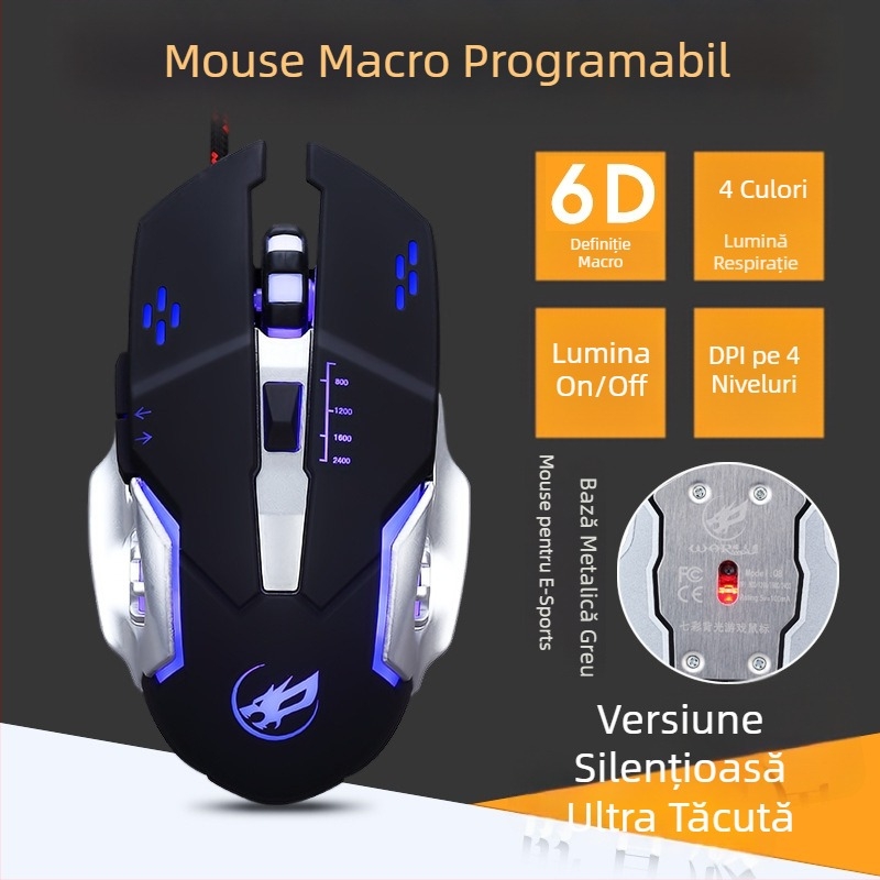 Set Fire Wolf USB tastatură mecanică și mouse pentru jocuri, cablu, macro, 3200 DPI, ergonomic, rezistent la apă, cablu de 1.8 m