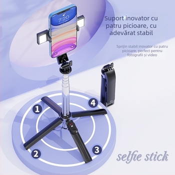 Stativ pentru telefon cu patru picioare pentru transmisiile live, cu telecomandă Bluetooth, antișoc și iluminare de completare