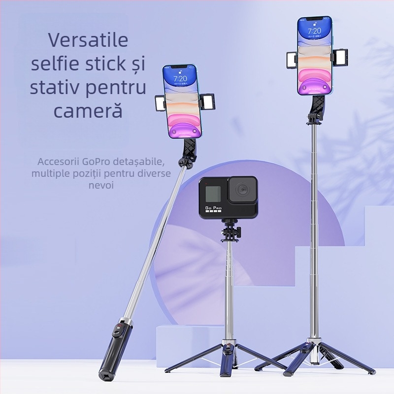 Stativ pentru telefon cu patru picioare pentru transmisiile live, cu telecomandă Bluetooth, antișoc și iluminare de completare