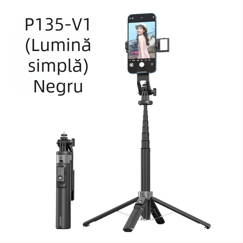 Selfie stick Bluetooth cu lumină, tub din aliaj de aluminiu, gimbal detașabil, trepied cu patru picioare pentru cameră și smartphone