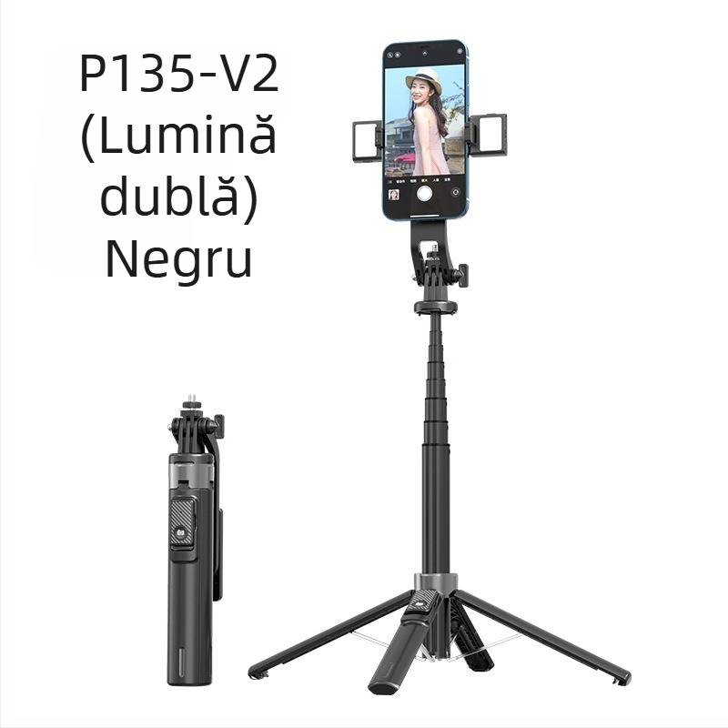 Selfie stick Bluetooth cu lumină, tub din aliaj de aluminiu, gimbal detașabil, trepied cu patru picioare pentru cameră și smartphone