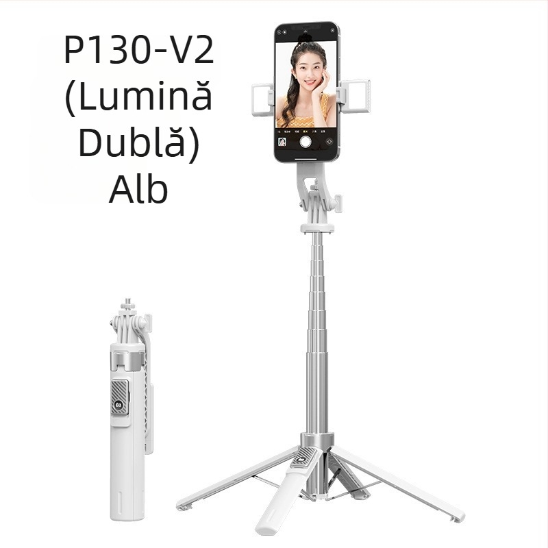Selfie stick Bluetooth cu lumină, tub din aliaj de aluminiu, gimbal detașabil, trepied cu patru picioare pentru cameră și smartphone