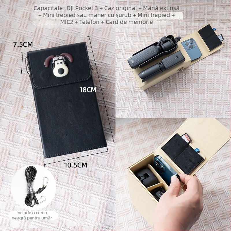 Geantă de cameră Osmo Pocket 3 pentru depozitare – exterior din piele sintetică, căptușeală din pânză, curea crossbody, unisex