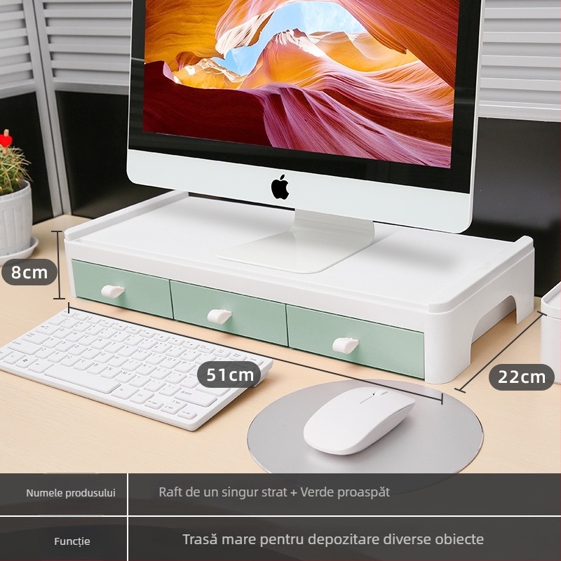 Suport pentru monitor de birou cu platformă înălțată și raft de depozitare pentru tastatură, în două niveluri; din plastic; montaj pe birou; 2 niveluri; pentru machiaj, birou și dormitor