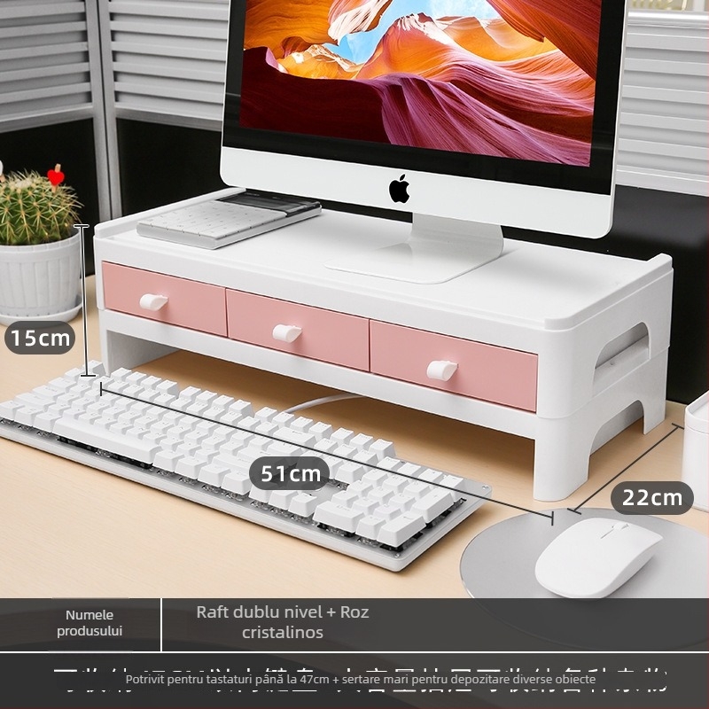 Suport pentru monitor de birou cu platformă înălțată și raft de depozitare pentru tastatură, în două niveluri; din plastic; montaj pe birou; 2 niveluri; pentru machiaj, birou și dormitor