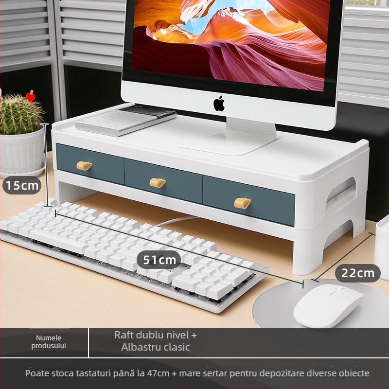 Suport pentru monitor de birou cu platformă înălțată și raft de depozitare pentru tastatură, în două niveluri; din plastic; montaj pe birou; 2 niveluri; pentru machiaj, birou și dormitor