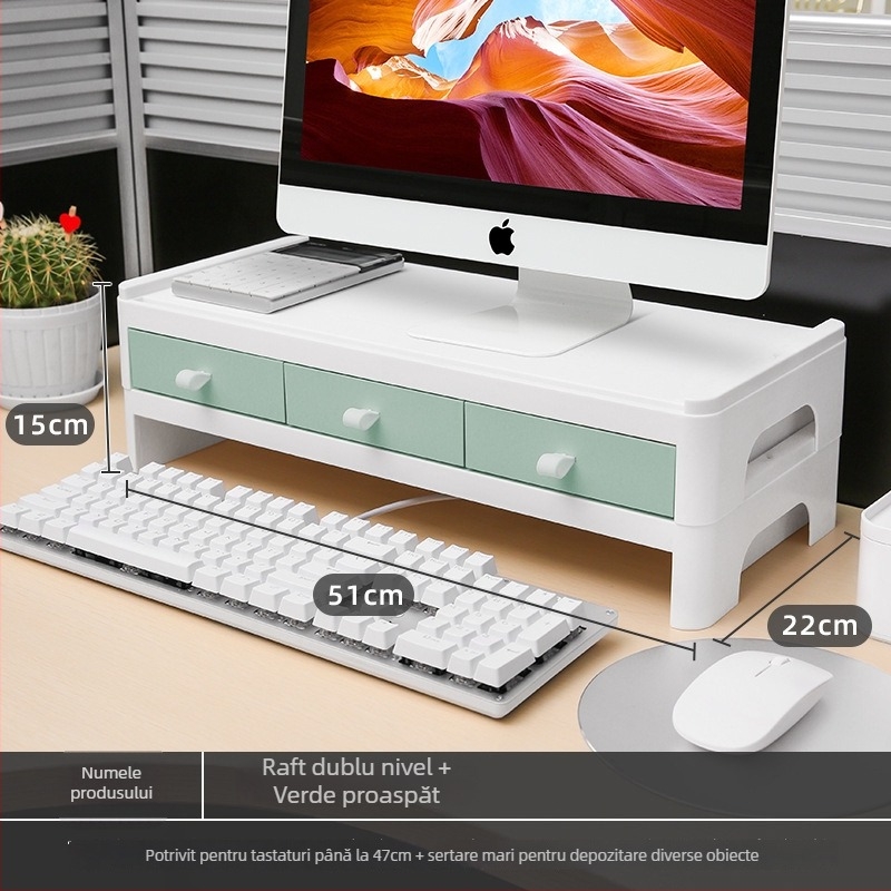 Suport pentru monitor de birou cu platformă înălțată și raft de depozitare pentru tastatură, în două niveluri; din plastic; montaj pe birou; 2 niveluri; pentru machiaj, birou și dormitor