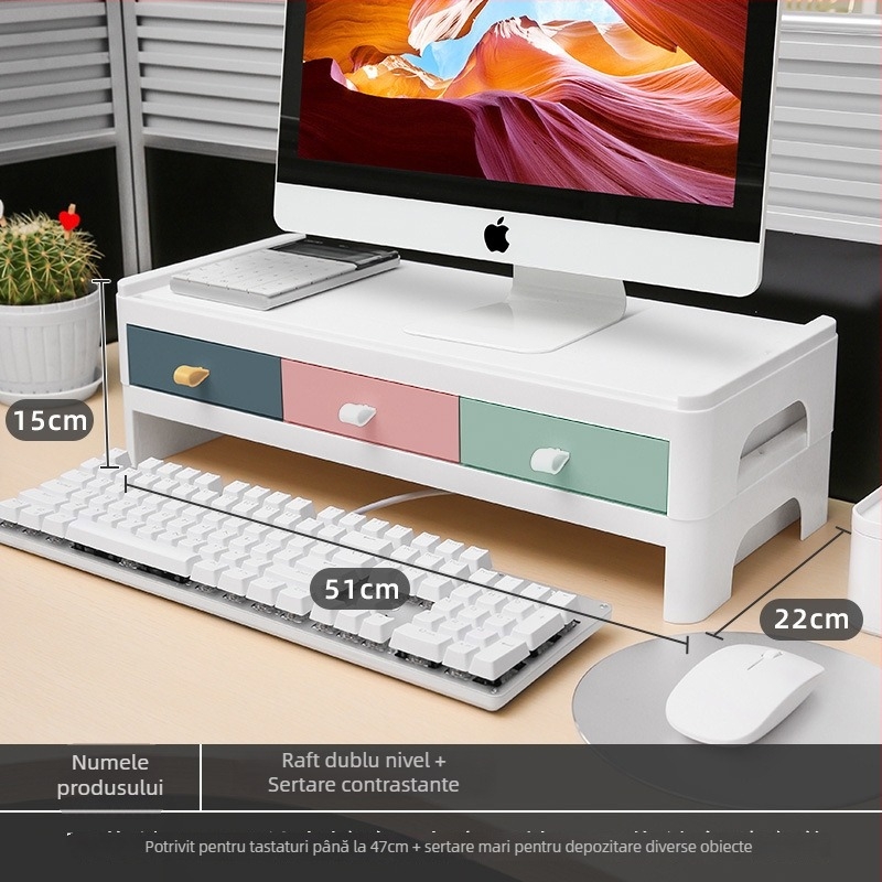 Suport pentru monitor de birou cu platformă înălțată și raft de depozitare pentru tastatură, în două niveluri; din plastic; montaj pe birou; 2 niveluri; pentru machiaj, birou și dormitor