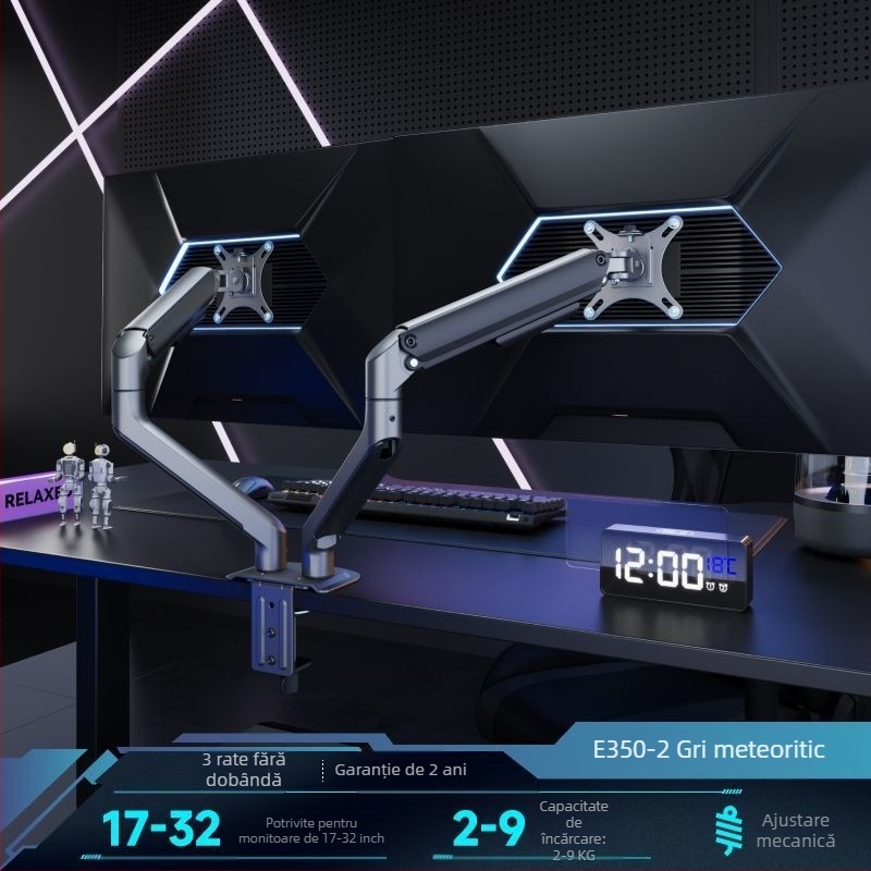 Brate North Arc suport de monitor dublu pentru birou E350-2, din aliaj de aluminiu, bază de ridicare
