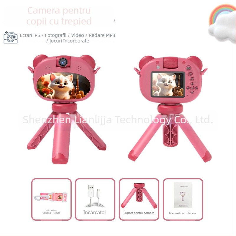 Cameră foto pentru copii S11 – ecran LCD 2.4''; stocare TF card; autonomie baterie 1–3 ore; funcții: video, fotografii, temporizator, jocuri