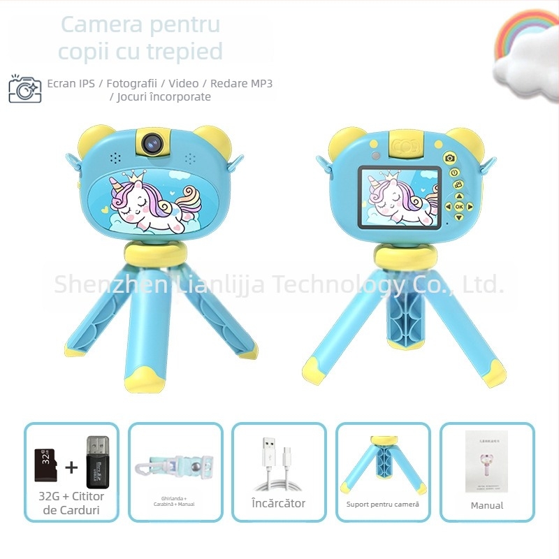 Cameră foto pentru copii S11 – ecran LCD 2.4''; stocare TF card; autonomie baterie 1–3 ore; funcții: video, fotografii, temporizator, jocuri