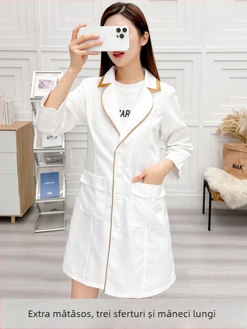 Set Mantie și Pantaloni Croiți pentru personalul salonului de înfrumusețare, poliester ce evacuează umezeala, mâneci 9/10, guler rotund, lungime medie