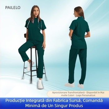 Set medical unisex haine de lucru — Bluza cu mâneci scurte, decolteu în V, material care disipă umezeala, amestec poliester-spandex, pantaloni