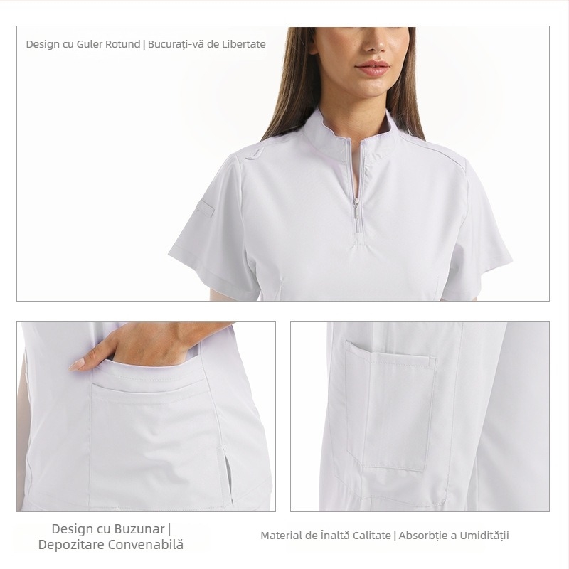Set medical unisex haine de lucru — Bluza cu mâneci scurte, decolteu în V, material care disipă umezeala, amestec poliester-spandex, pantaloni