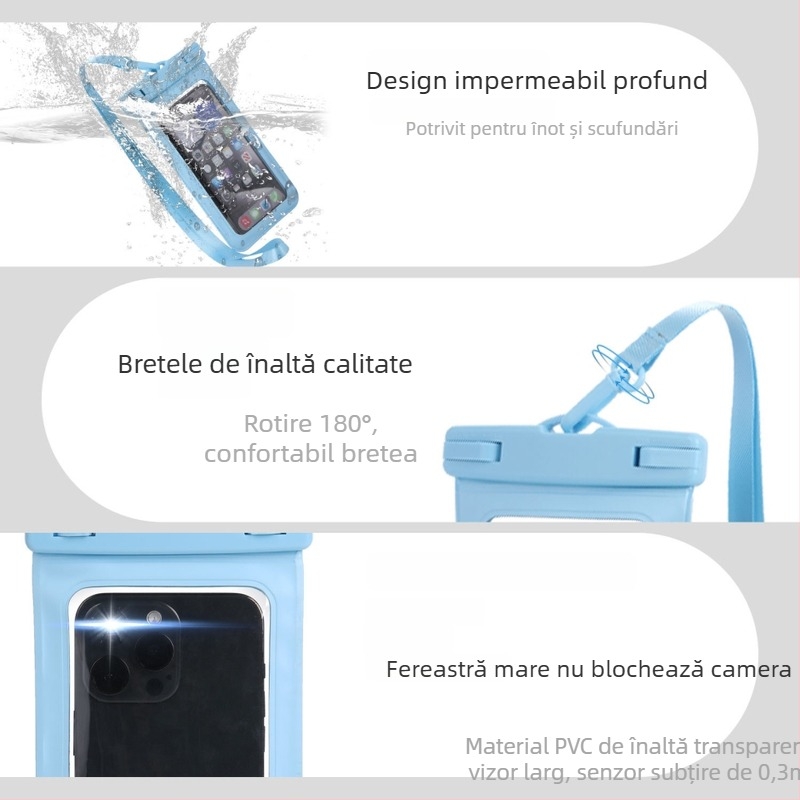 Husă impermeabilă pentru telefon pentru scufundări și activități în aer liber, material PVC, compatibilă cu ecranul tactil, rezistență la apă nivel 8
