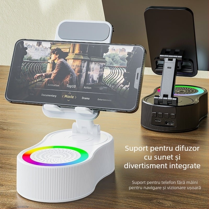Suport pliabil pentru telefon de birou cu difuzor wireless, lumină ambientală și încărcare rapidă QC4.0, 15W, 3A