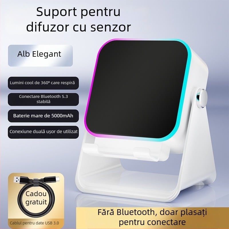 Suport pliabil pentru telefon de birou cu difuzor wireless, lumină ambientală și încărcare rapidă QC4.0, 15W, 3A