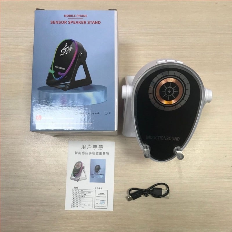 Suport pliabil pentru telefon de birou cu difuzor wireless, lumină ambientală și încărcare rapidă QC4.0, 15W, 3A