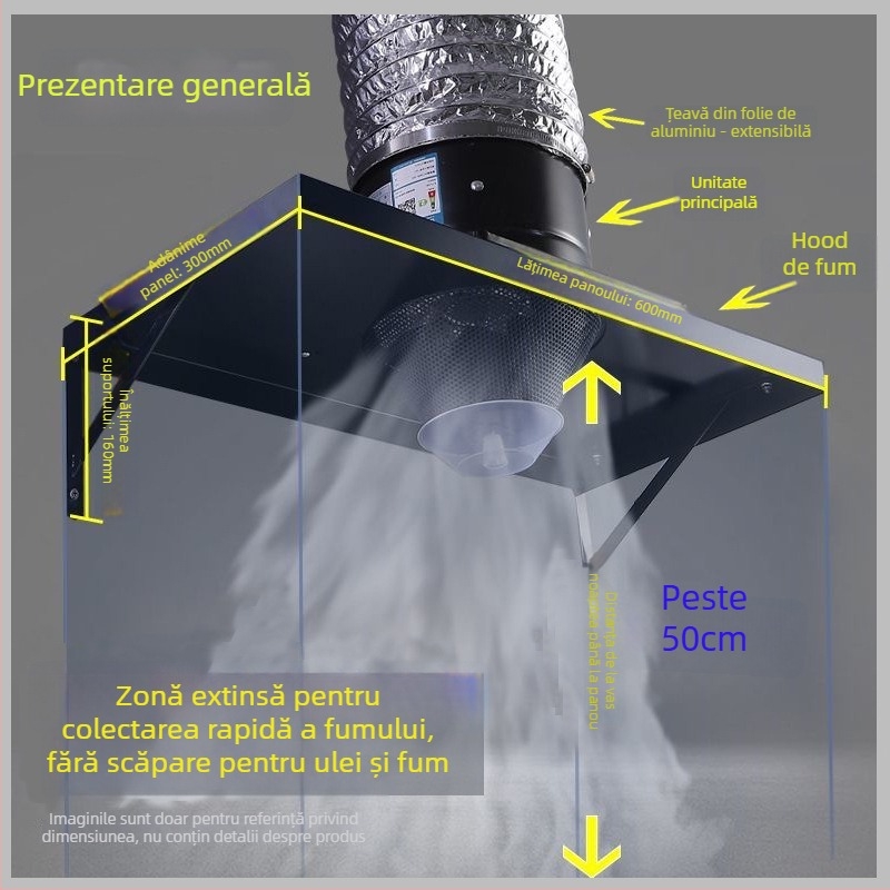 Aspirator de bucătărie cu aspirație puternică, model FD250, montaj suspendat, 220V, 50W, carcasă din fier
