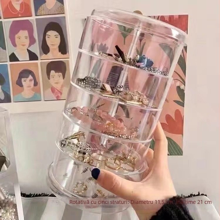 Cutie de depozitare pentru bijuterii de birou, transparentă, design rotativ cu mai multe niveluri, din plastic PS, capacitate 2 L