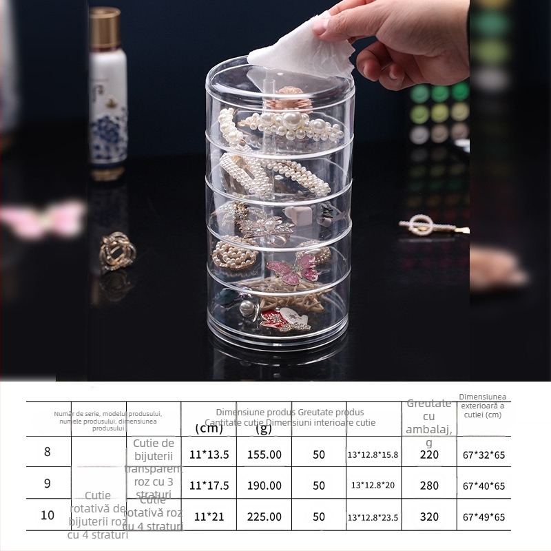 Cutie de depozitare pentru bijuterii de birou, transparentă, design rotativ cu mai multe niveluri, din plastic PS, capacitate 2 L