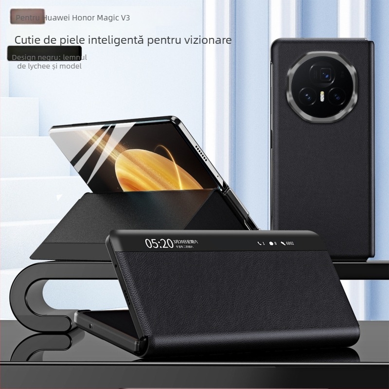 Carcasă pentru Honor MagicV3 cu fereastră inteligentă din piele, stil husă/afaceri, suport, anti-cadere, anti-amprente