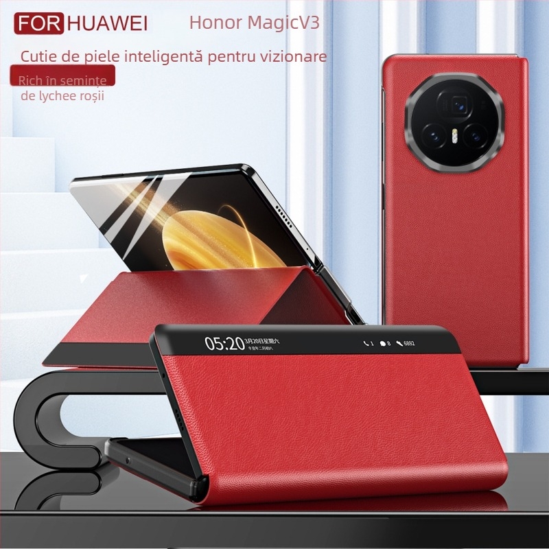 Carcasă pentru Honor MagicV3 cu fereastră inteligentă din piele, stil husă/afaceri, suport, anti-cadere, anti-amprente