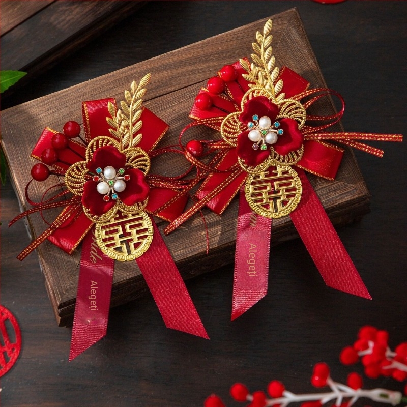 Set de corsage de nuntă pentru familie și părinți, flori de mătase, în stil chinezesc pentru mireasă și mire