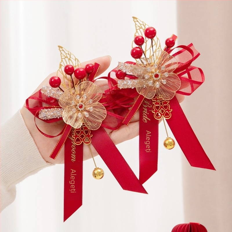 Set de corsage de nuntă pentru familie și părinți, flori de mătase, în stil chinezesc pentru mireasă și mire