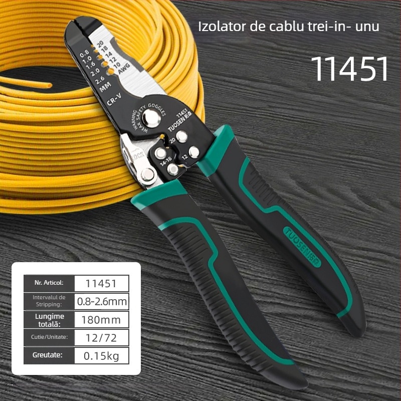 Tuosen Clește pentru dezizolarea cablurilor — Unealtă multifuncțională pentru dezizolarea firelor, crimpare, prindere și deschiderea cablurilor