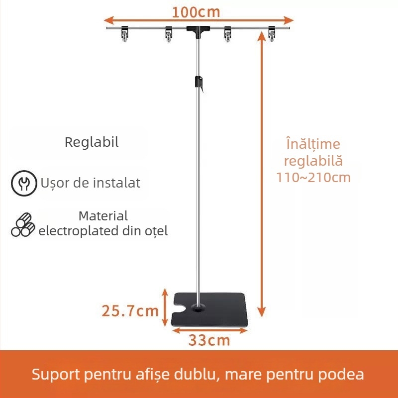 Suport pentru postere din oțel inoxidabil, de birou, telescopic, în formă de L, cu clips KT board pentru supermarketuri
