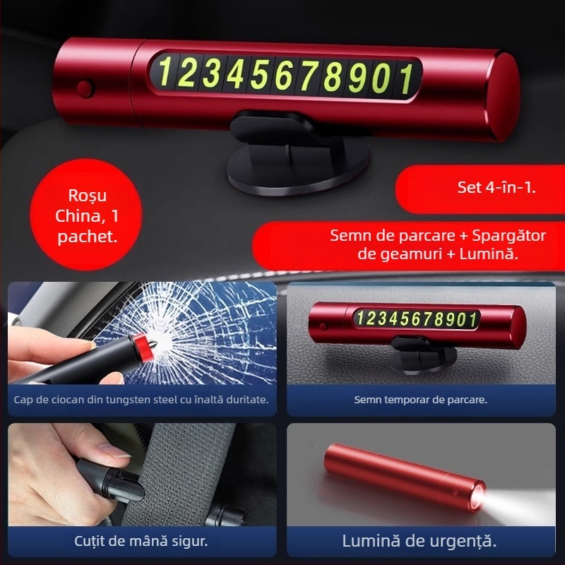 Unelte de urgență auto: ciocan de securitate pentru spargerea geamului, cuțit 3 în 1, portabil cu semn temporar de parcare, PVC