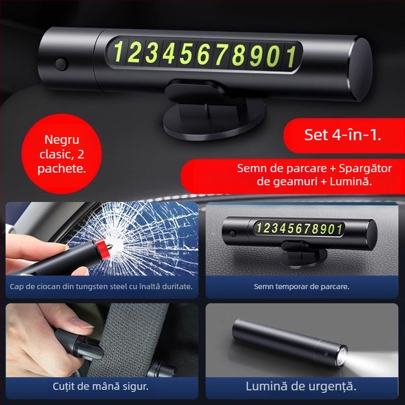 Unelte de urgență auto: ciocan de securitate pentru spargerea geamului, cuțit 3 în 1, portabil cu semn temporar de parcare, PVC