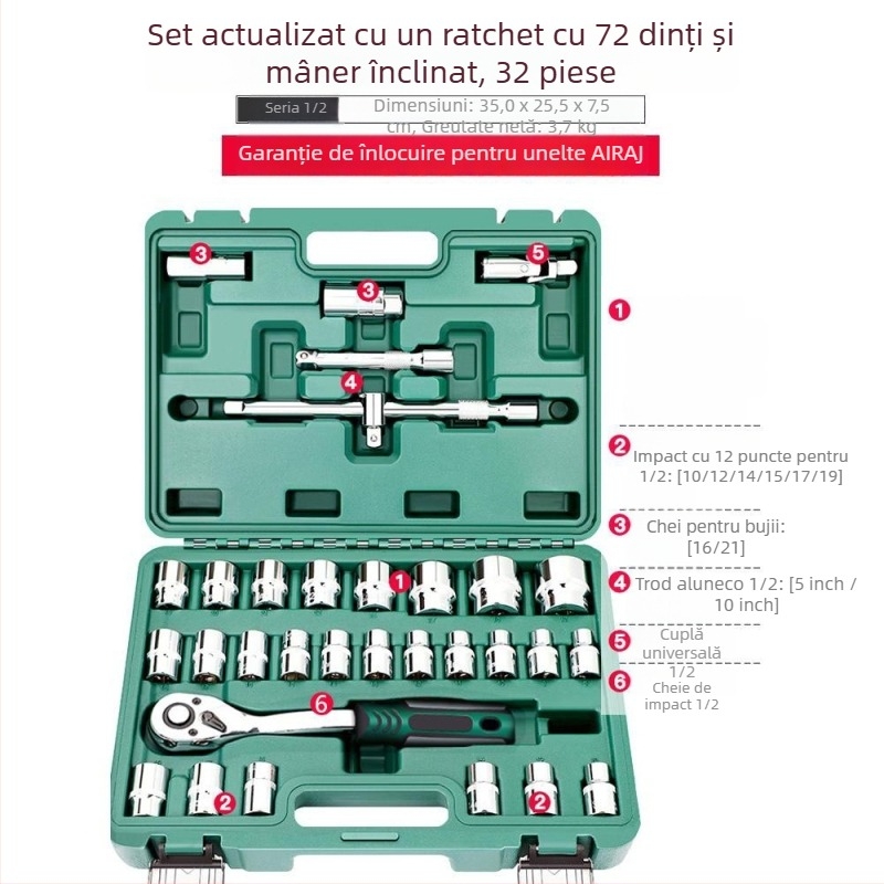 Set de unelte pentru reparații auto cu cheie cu soclu și clichet, în cutie de unelte (reparații mecanice)