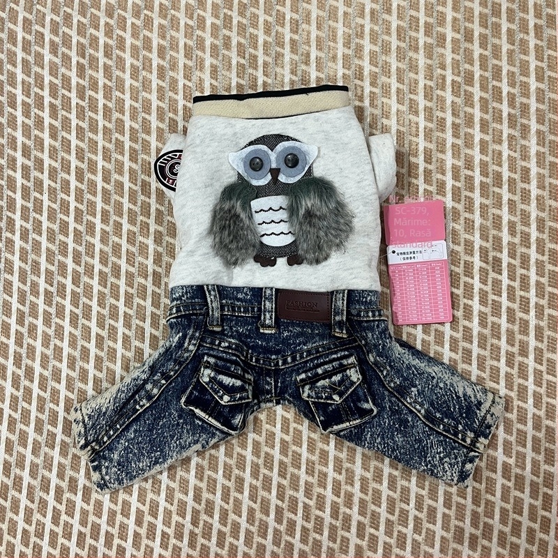 Costum din denim pentru câine, design ursuleț, pentru toamnă-iarnă, închidere cu nasturi, haine pentru câini cu patru picioare (Material: Denim; Sezon: Toamnă-iarnă; Design: Ursuleț; Închidere: nasturi; Categoria: Îmbrăcăminte pentru câini cu patru picioar