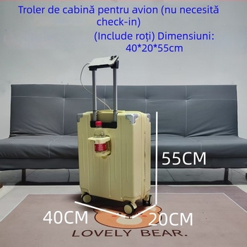 Valiză de cabină multifuncțională pentru avion, 20x40x55 cm, ușoară și robustă, pentru bărbați și femei, ABS carcasă, mâner telescopic, port USB, suport pentru telefon, suport pentru ceașcă, roți universale
