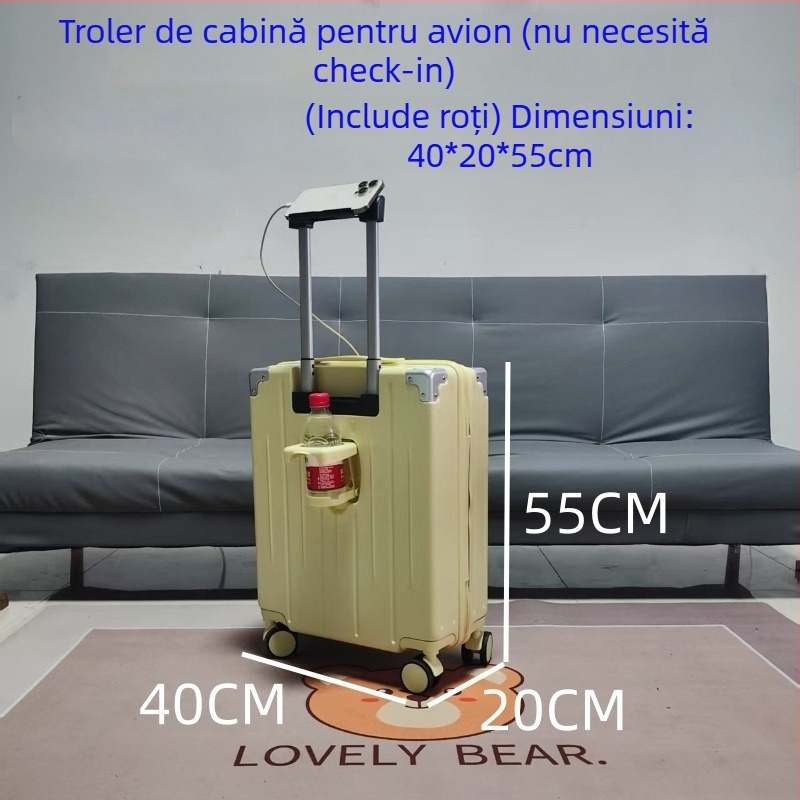 Valiză de cabină multifuncțională pentru avion, 20x40x55 cm, ușoară și robustă, pentru bărbați și femei, ABS carcasă, mâner telescopic, port USB, suport pentru telefon, suport pentru ceașcă, roți universale