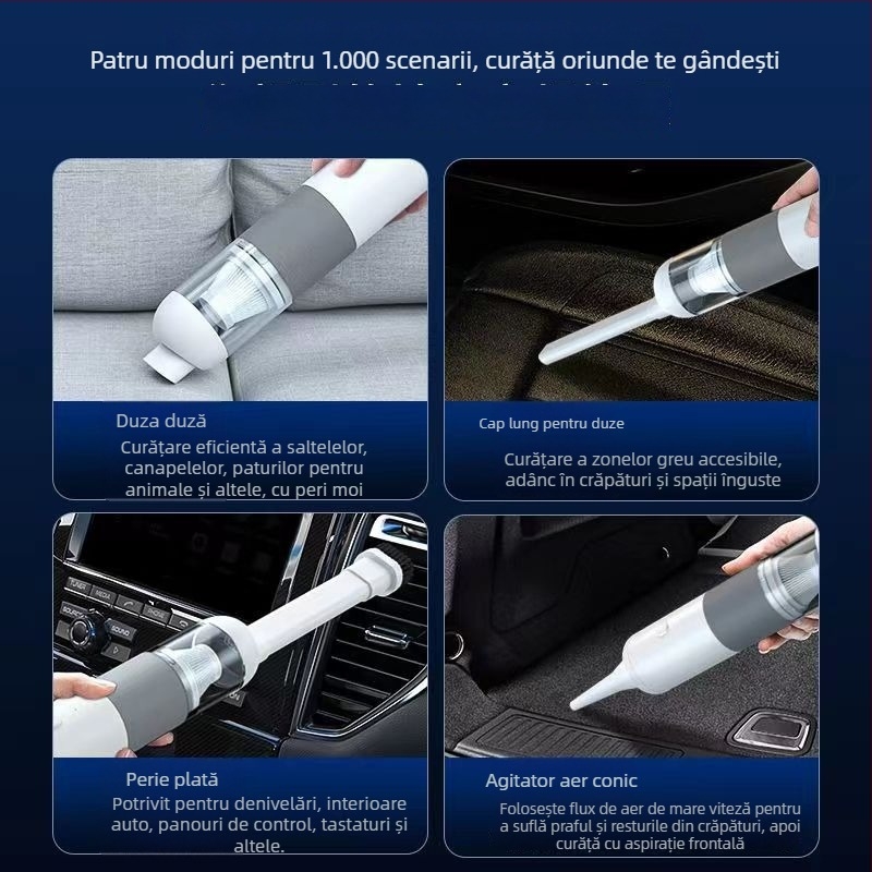 Aspirator fara fir pentru mașină, cu aspirație maximă 120W, 11000Pa, funcție suflare, autonomie baterie 25 de minute, încărcare la 5V
