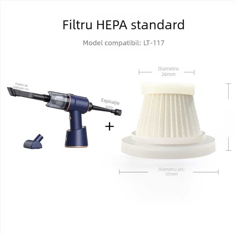 Aspirator portabil pentru mașină cu filtru HEPA metalic lavabil, sterilizare, 90W, 7.4V, aspirație 5500Pa