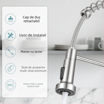 Robinet de bucătărie cu apă caldă și rece, stil american, rotativ cu două ieșiri, protecție împotriva stropilor, din oțel inoxidabil (Model THCL-1; diametru intrare-ieșire 20 mm; diametru scaunului valvei 50 mm; disc ceramic al valvei; montaj vertical)