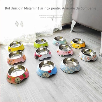 Vas pentru pisici și câini, din melamină și oțel inoxidabil, design desen animat, antiderapant, ușor de curățat
